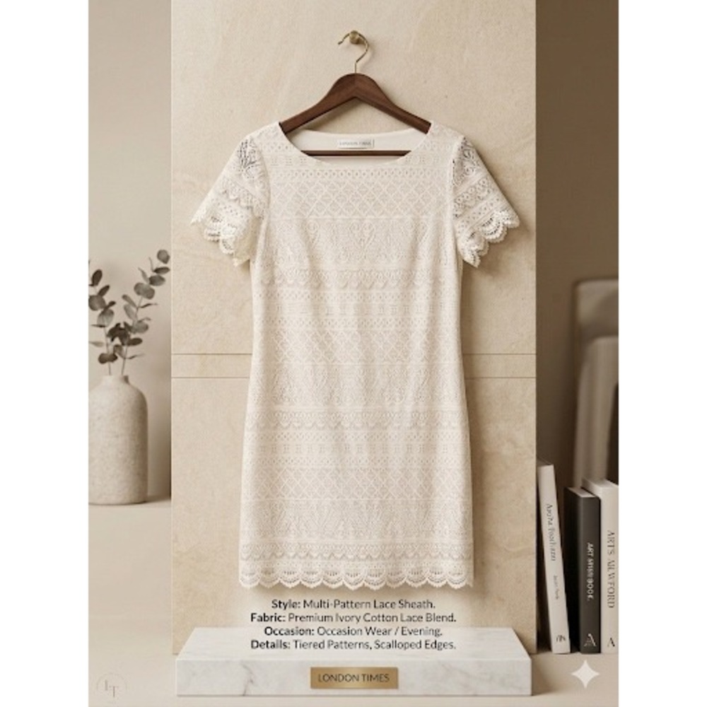 London Times Lace Shift Dress Womens M Cream Short Sleeve Scalloped Bridal Boho